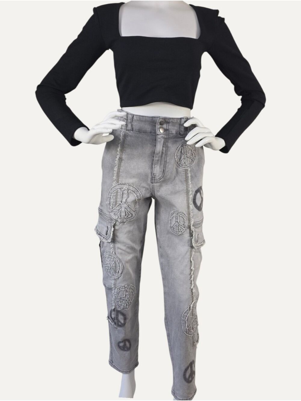 OH Jeans Oli & Hali Peace Sign Gray Cargo Jeans Small Distressed Patch